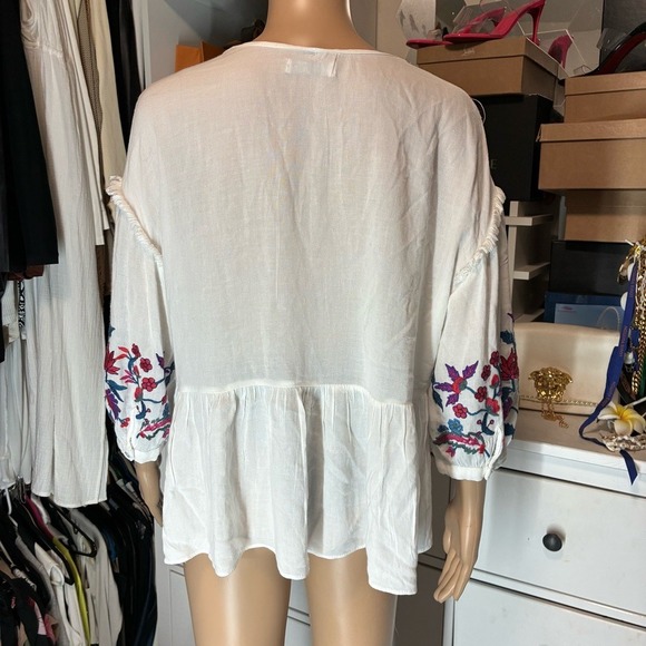 Zara TRF White Embroidered Boho Peasant Babydoll Blouse Top Womens Medium - Picture 3 of 7